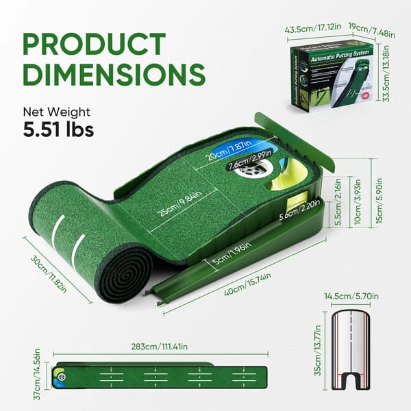 Golf Putting Mat, Automatisk Boldguide, Justeringsspejl,grøn