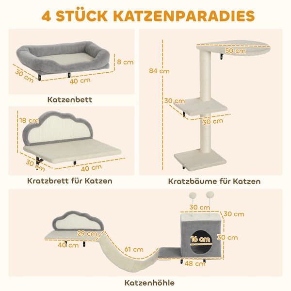 Kattetræ, vægmonteret, multifunktionelt design,Hvid-grå