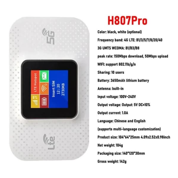 Trådløs bærbar router, 4G LTE understøttelse, kompakt design,HVID