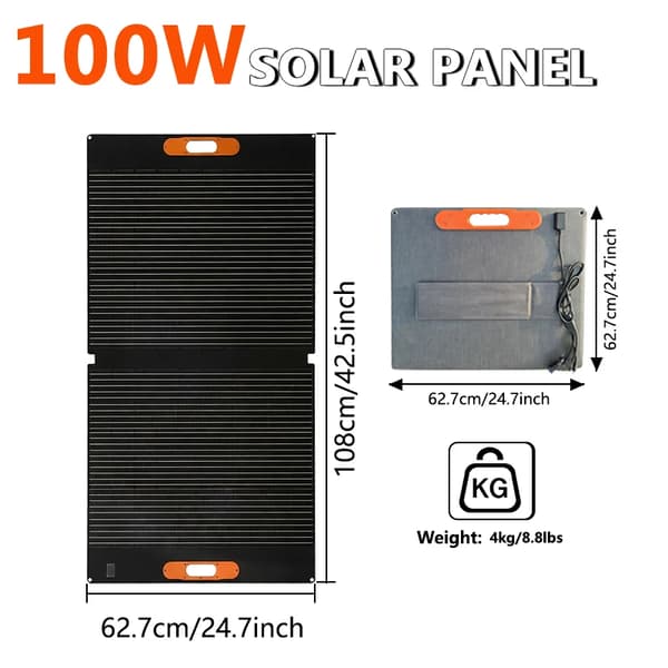 Solpanel, Høj Effektivitet, Foldbar og Bærbar,100W Fleksibel Solenergi