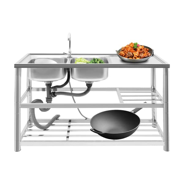Fritstående rustfrit stål vask, dobbelt bassin, holdbart design,Sølv