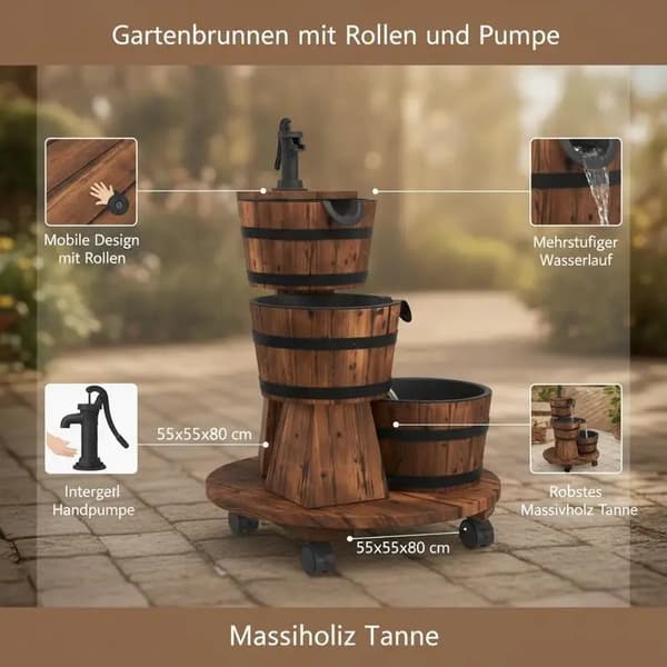 Trädgårdsfontän, Solid Furu, Inkluderar Pump,Brun