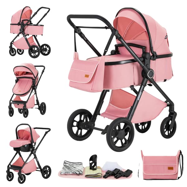 Barnvagn, 3-i-1 Set, Andningsbart Nät Säte,H2 rosa