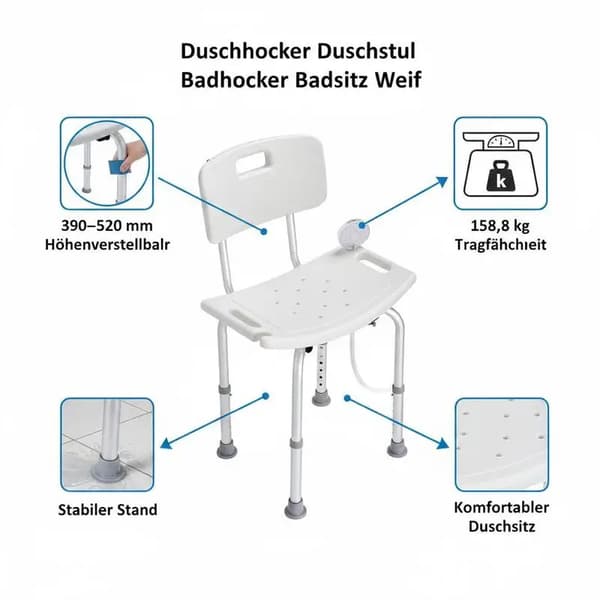 Duschpall, Höjdjusterbar, Stark Lastkapacitet, VIT