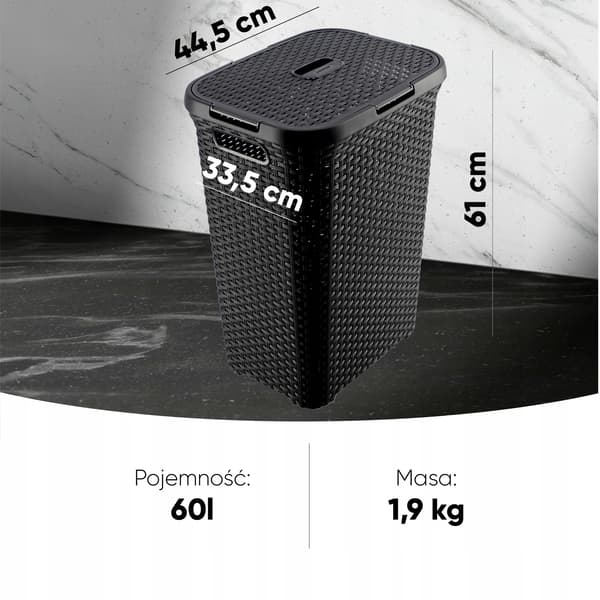 Tvättkorg, 60L kapacitet, Polypropenmaterial, Hållbar design, Luktresistent, Mångsidig användning