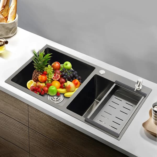Køkkenvask, Dobbelt Skål, Moderne Design,Sort Grå