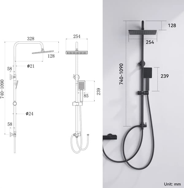 Bruserstang, Justerbar Højde, To Brusefunktioner,70cm