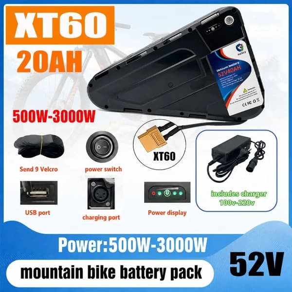 Elcykelbatteri, 20000mAh kapacitet, CE-certifierad,52V-XT60-20Ah
