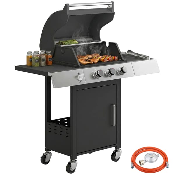 Gasgrill, 3 brændere, integreret termometer,sort