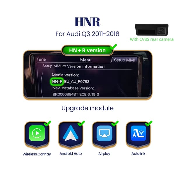 Trådløs CarPlay Android Auto Modul, Bluetooth Forbindelse, Navigationssupport,Q3 HNR+CAM