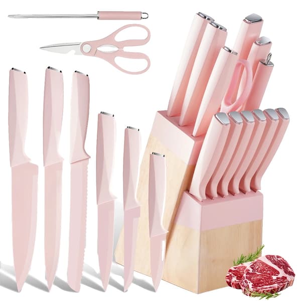 Køkkenkniv Sæt, 14 Stykker, Ergonomisk Design,Pink