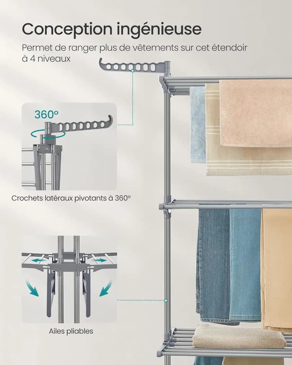 Tørretumbler, Foldbart Design, Justerbare Niveauer,GRÅ