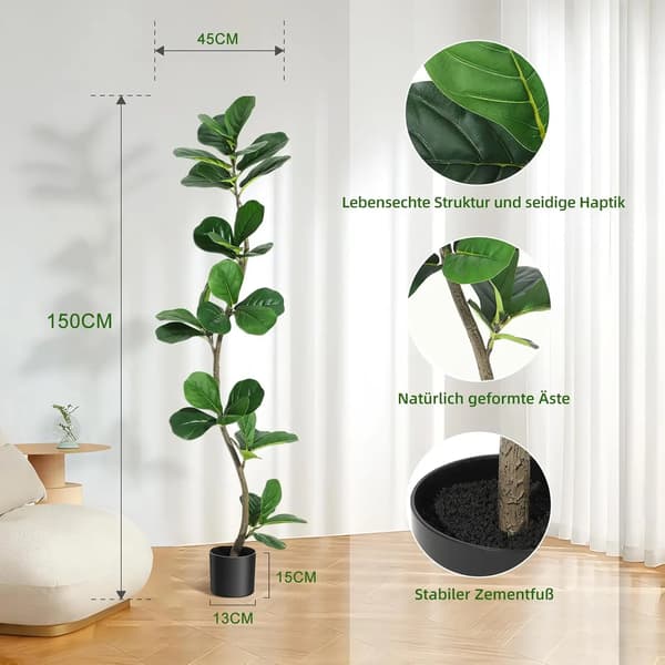 Kunstig Fiddle Leaf Fig Træ, S-formet Stamme, Ingen Vedligeholdelse,4ft