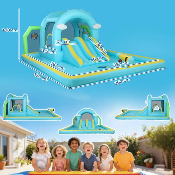 Uppblåsbart Vattenkastell, 2 Rutschkanor, Trampolin, Blå
