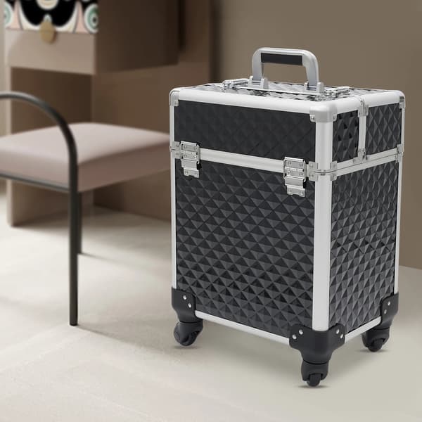 Makeup Case, Multi-Tier Opbevaring, Justerbar Trækstang,sort