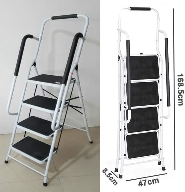 Fällbar Stege, 4 Steg, Halkfri Säkerhetsdesign,VIT, 4XL