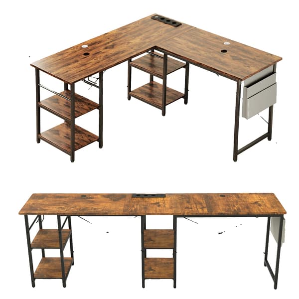 Skrivebord, L-formet design, integreret strømhub,Brun