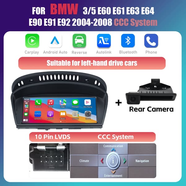 Carplay, Pekskärm, Inbyggda Funktioner, kompatibel med BMW 3 5 Serie E60 E61 E63 E64 E90 E91 E92 CIC System 2004-2012,För BMW CCC System+CAM