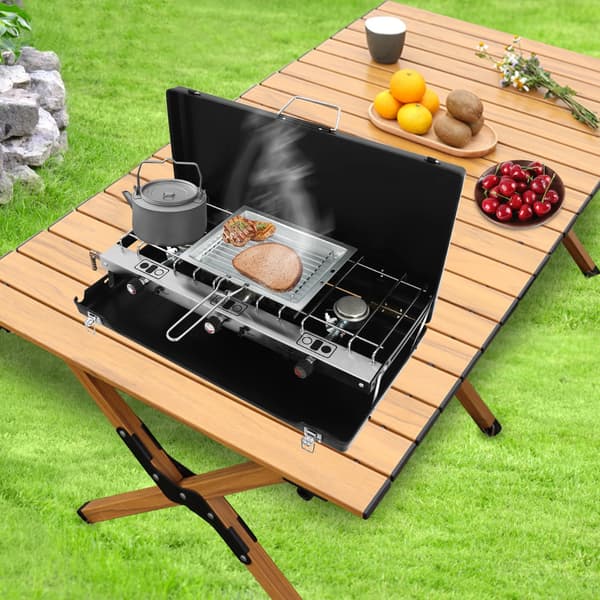 Campingkomfur, 3 Brændere, Sammenklappeligt Design,sort