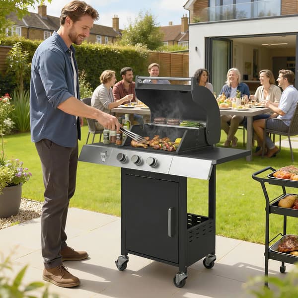 Gasgrill, 3 brændere, integreret termometer,sort