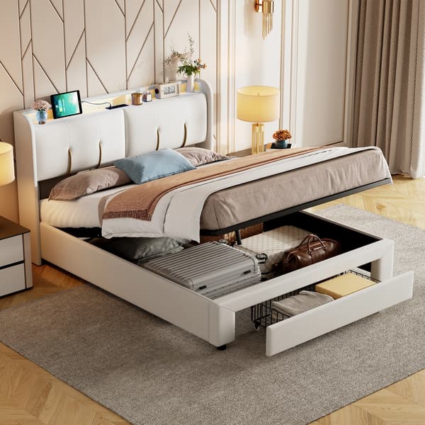Förvaringssäng, Hydraulisk Lyft, Integrerade USB-portar,140*200cm, Beige