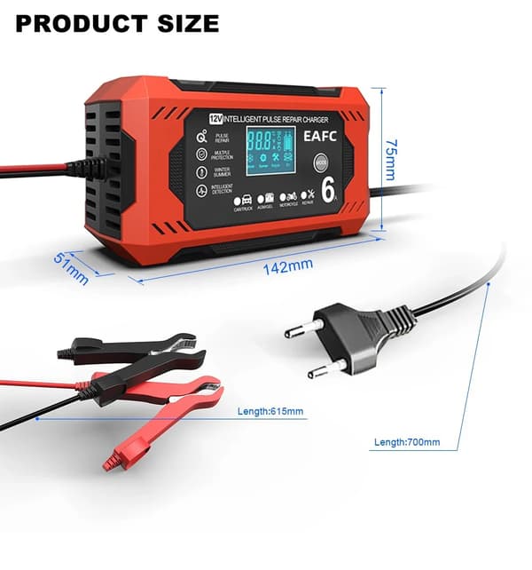 Bilbatterioplader, 6A, LCD-skærm,12V 6A