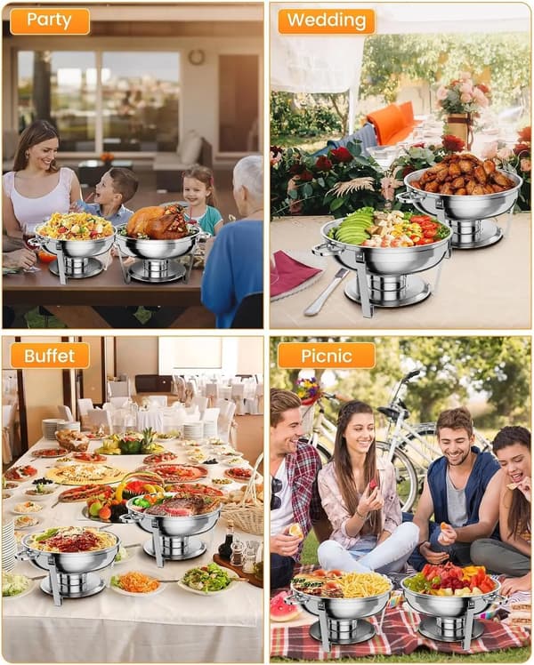 Chafing Dish, Rustfrit Stål, 5 Quart Kapacitet, 14 tommer Diameter, Ideel til Buffetbrug, Inkluderer Låg og Ske