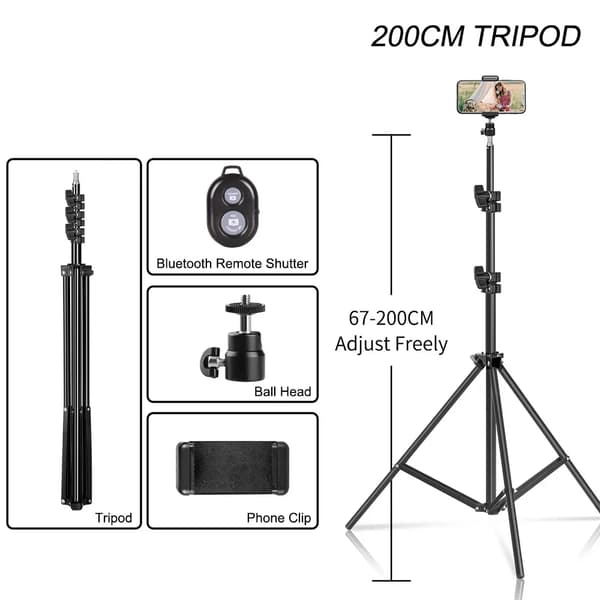 Tripod, Mini Letvægtsdesign, Justerbar Højde,200cm med bluetooth