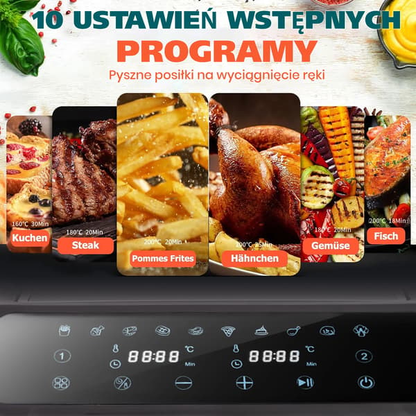 Luftfritös, 9L kapacitet, 2000W effekt, temperaturintervall 80-200 °C, dubbelkorgdesign, LED-touchpanel