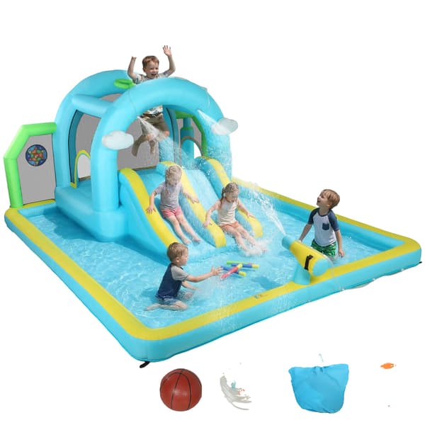 Uppblåsbart Vattenkastell, 2 Rutschkanor, Trampolin, Blå