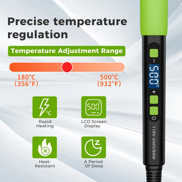 Loddekolbe, 90W effekt, temperaturinterval 180°C-500°C, LCD-display, automatisk søvnfunktion, CE-certificeret