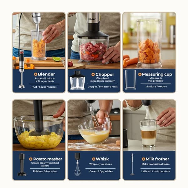 Håndblender, 6-i-1 Multi-Accessory Design, Rustfrit Stål Blade,6 i 1, sort