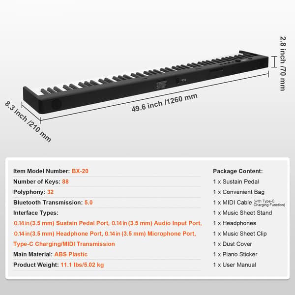 Piano Keyboard, 88 Keys, Bluetooth Connection, 88 keys black