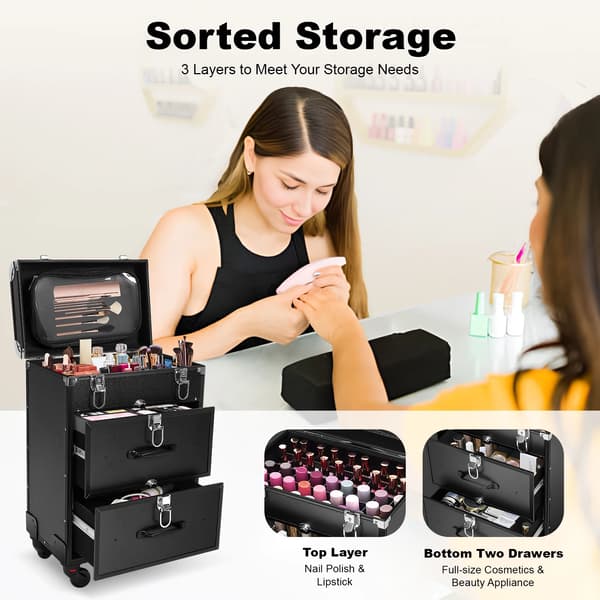 Makeup Train Case, Rullende Design, Rigelig Opbevaringsplads,sort