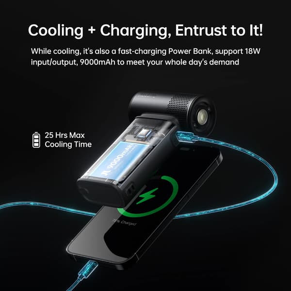 Bärbar Fläkt, 9000mAh Batteri, Multifunktionell Design,Mörkgrå