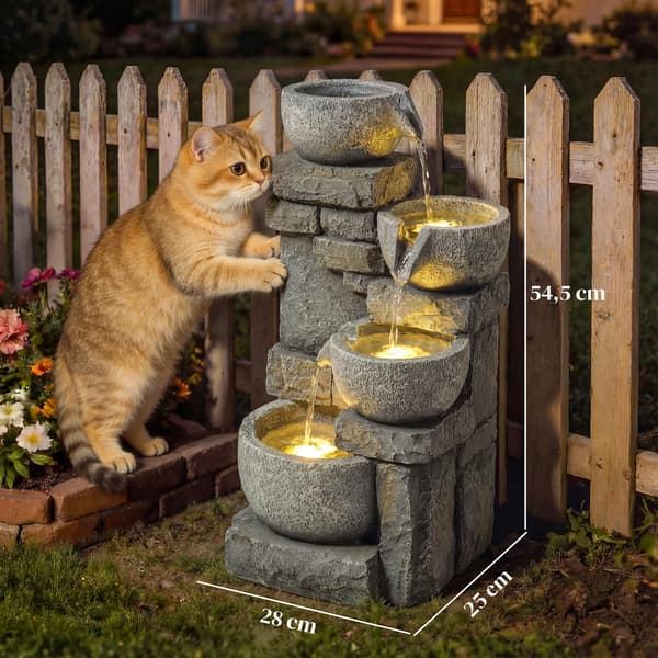 Kaskadvattenfontän, Justerbar Flödespump, Integrerad LED-belysning,Ljusgrå