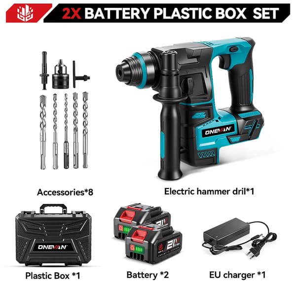 Elektrisk hammare, sladdlös, 2500W effekt, 2 batteriset B