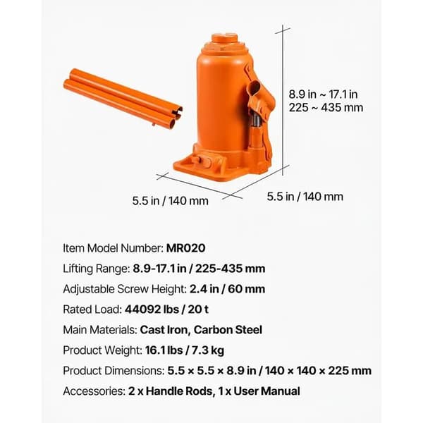 Hydraulisk Flasklyft, 20 Ton Lastkapacitet, Justerbart Lyftområde, orange