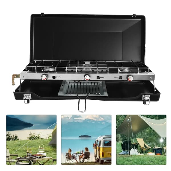 Campingkomfur, 3 Brændere, Sammenklappeligt Design,sort