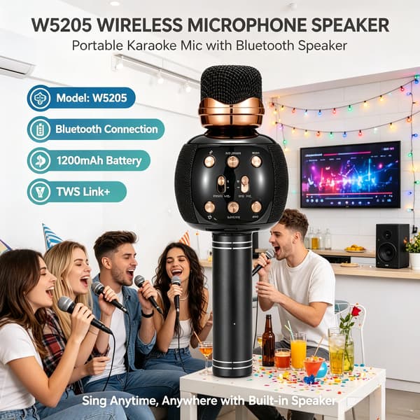 Trådlös Karaoke Mikrofon, Bluetooth 5.0, Röst Effekter,W5205