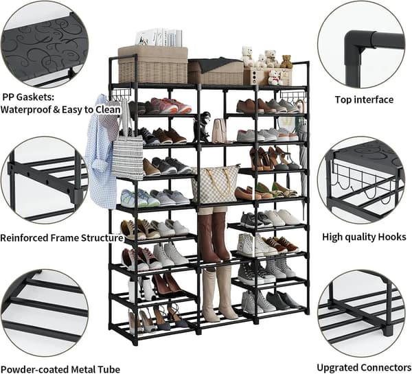 Sko Rack, Pladsbesparende Design, Stor Kapacitet,sort farve