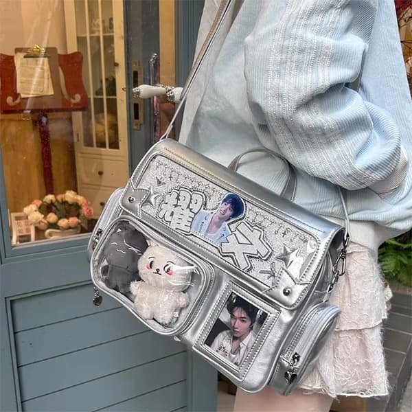 Tote Bag, Klapdæksel, Multi-lomme Design,sølvfarvet