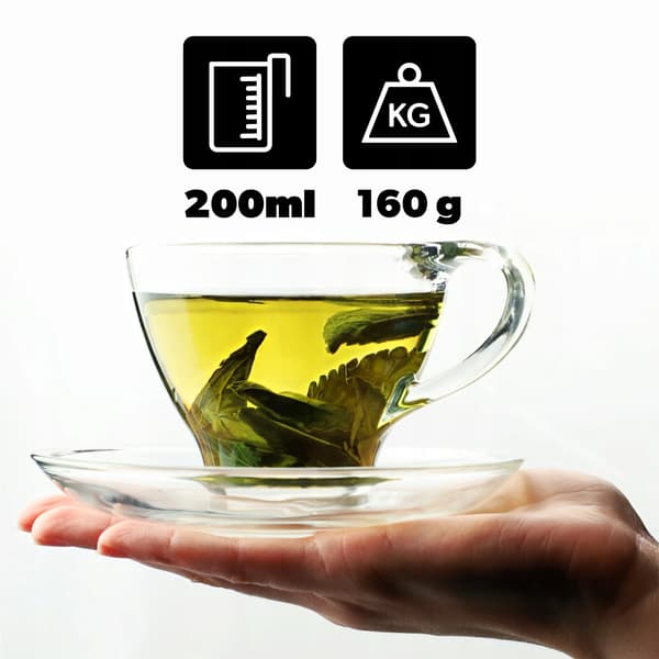 Koppset, Glasmaterial, 200 ml kapacitet, Inkluderar fat, Lämplig för kaffe och te, Certifierad säkerhet