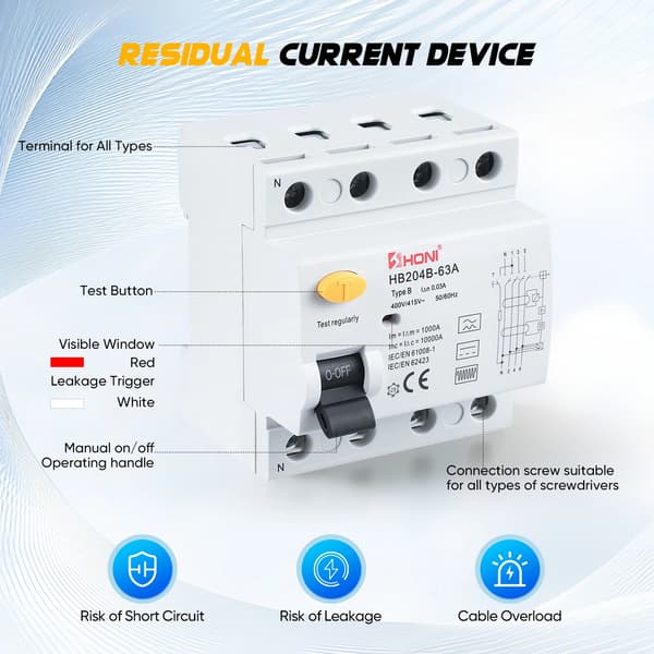 Brytare, 63A, 30mA, 4-Pin, DC 6mA, Typ B