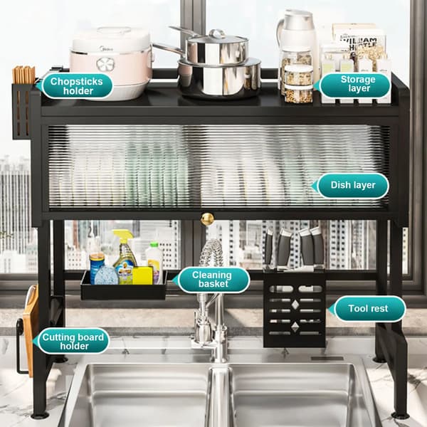 Opvaskestativ, Dobbelt Lag, Pladsbesparende Design,sort