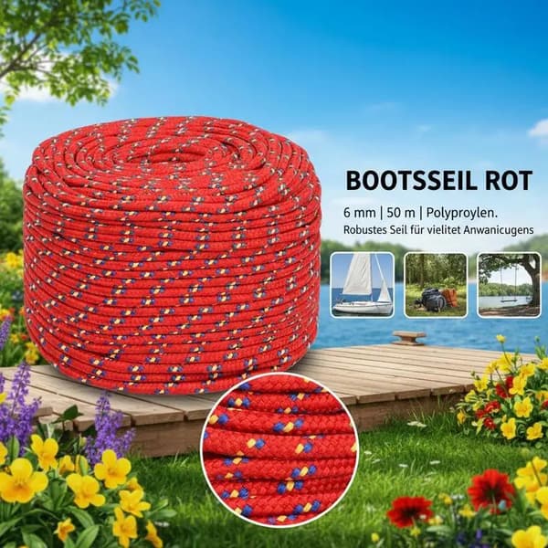 Segelbåtsrep, Hållbar Polypropen, UV-beständig,Röd