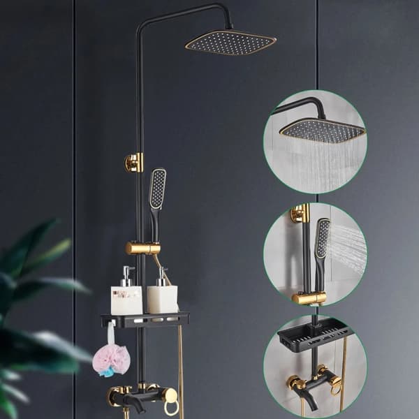 Duschset, mässingsmaterial, justerbar vattenflöde,Svart-Guld