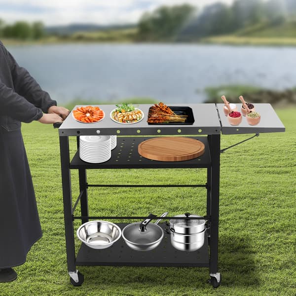 Grillvogn, 4-lags struktur, foldbart sidebord,sort