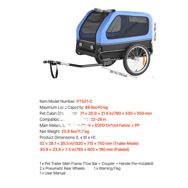 Hundecykeltrailer, Nem montering, Vejrbeskyttelse,88lbs