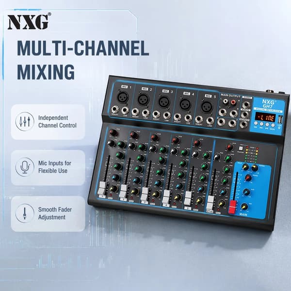 Lydmixer, 7 Kanaler, Bluetooth-forbindelse, 3-bånds equalizer, 48V phantom strøm, kompakt design